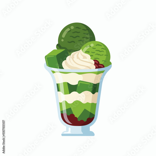 A matcha green tea parfait in a glass topped with ice cream whipped cream red beans and matcha jelly cubes