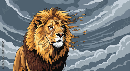 A majestic lion with a golden mane blowing in the wind against a cloudy stormy sky