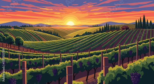 A picturesque vineyard with rows of grapevines on rolling hills under a vibrant sunset