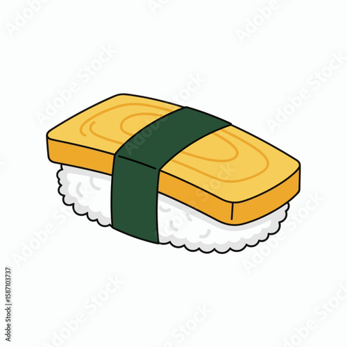 A piece of Tamago nigiri sushi a Japanese sweet egg omelette on a bed of rice held together by a dark green nori seaweed strip