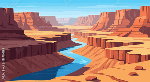 A pixel art illustration of a vast canyon with a winding river under a clear blue sky