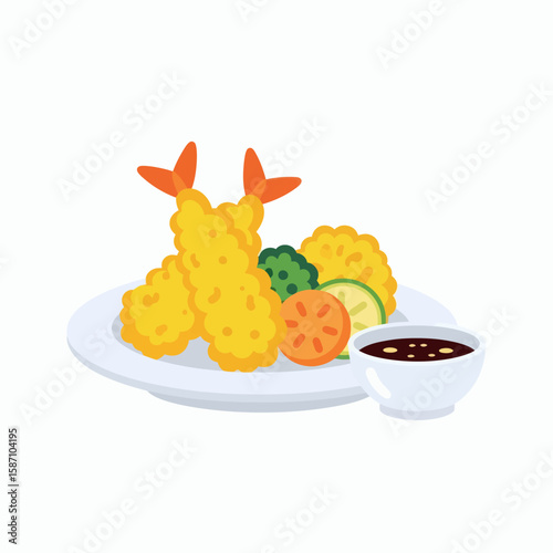 A plate of shrimp and vegetable tempura served with a small bowl of dipping sauce