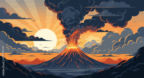 A powerful volcano erupts at sunset sending a massive plume of dark smoke and ash into the orange sky