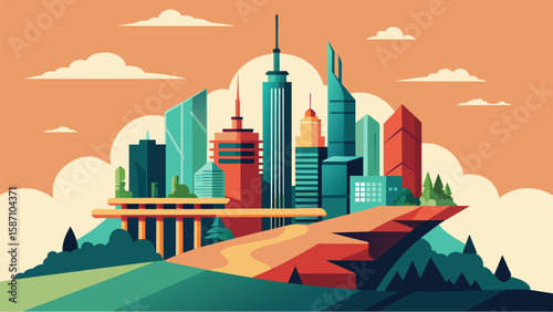 The merging of old and new with towering skyscrs and modern infrastructure being built amidst historical landmarks and natural landscapes a perfect. Vector illustration