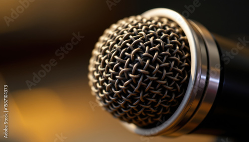 High quality close up of microphone showcasing its intricate mesh design and metallic finish, evoking sense of professionalism and creativity in audio recording