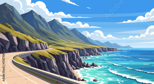 A scenic coastal highway winds along a cliffs edge with mountains to one side and the ocean to the other