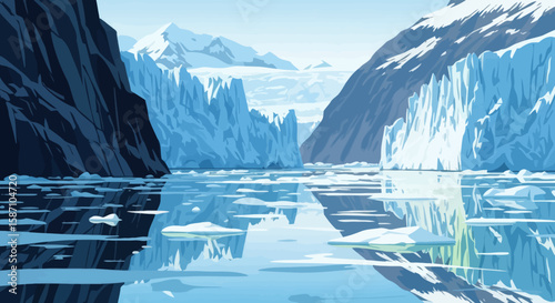 A serene arctic landscape featuring a glacierfilled fjord and icebergs reflected in calm water