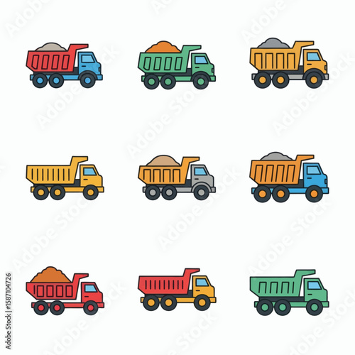 A set of nine colorful cartoon dump truck illustrations arranged in a grid