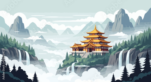 A serene Asian pagoda nestled in misty mountains flanked by waterfalls and evergreen forests