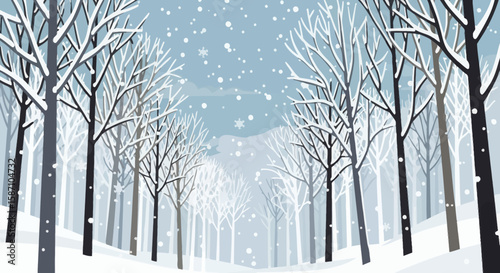 A serene winter forest scene with snowcovered trees and gentle snowfall