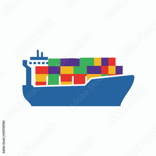 A simple colorful illustration of a blue cargo ship carrying stacked shipping containers
