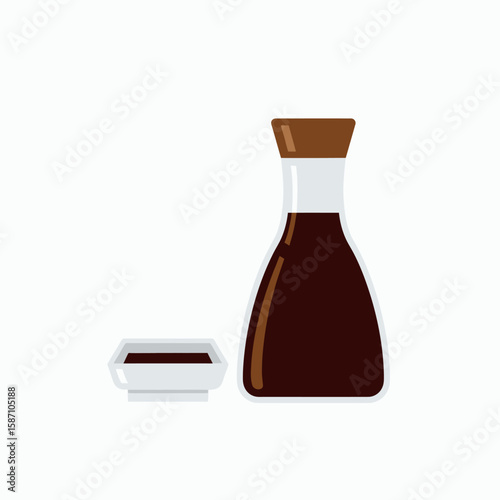 A soy sauce bottle and a small dipping dish on a white background