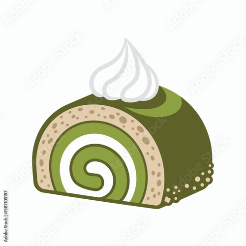 A slice of matcha green tea roll cake with a cream swirl filling and a dollop of whipped cream in a simple illustration style
