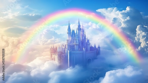 Floating castle dreamy clouds rainbow