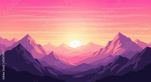 A stylized mountain landscape at sunrise with a vibrant sky of pink orange and purple hues