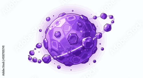 A stylized purple planet with a crystalline hexagonal surface and asteroid rings against a white background