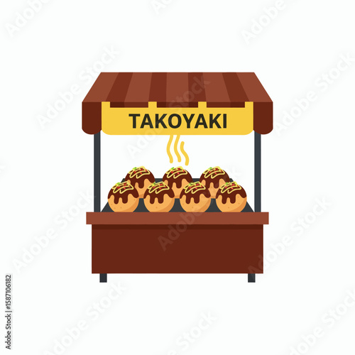 A takoyaki street food stall with a brown striped awning a sign and freshly cooked octopus balls on display