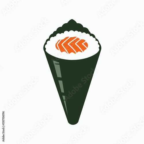 A temaki sushi hand roll depicted as a cone of dark green nori filled with white rice and orange salmon