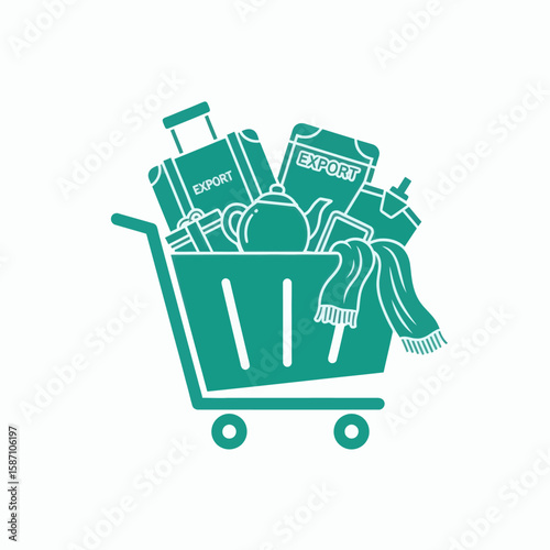 A teal icon of a shopping cart filled with various goods for export including luggage a teapot and a scarf
