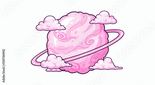 A whimsical pink planet made of cotton candy complete with a planetary ring and fluffy clouds