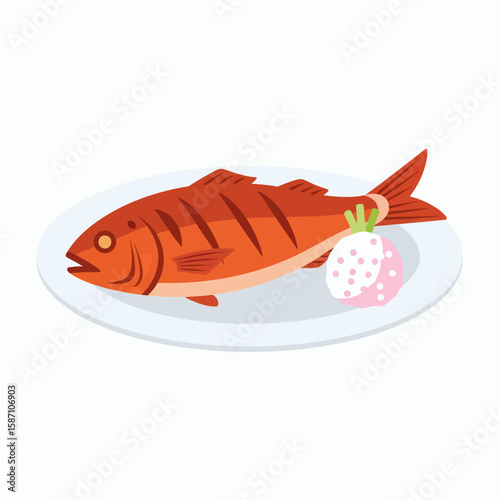 A whole grilled red fish on a plate with a side of pickled ginger