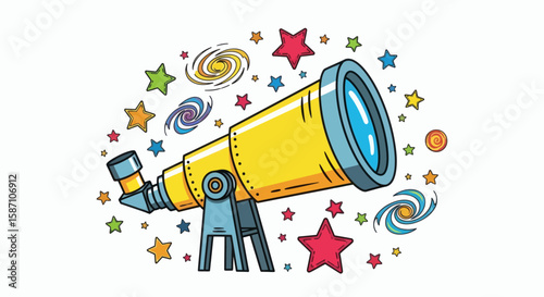 A yellow cartoon telescope on a tripod surrounded by colorful stars and galaxies on a white background