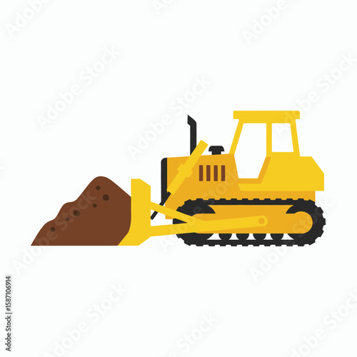 A yellow flatstyle illustrated bulldozer pushing a pile of brown earth