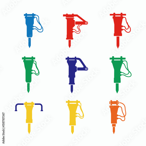 Nine colorful jackhammer silhouettes in various designs arranged in a grid on a light gray background