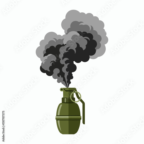 Olive green smoke grenade emitting thick gray and black smoke on a white background