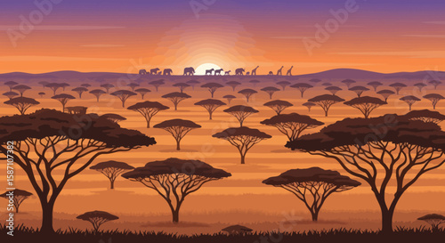Pixel art illustration of a savanna landscape at sunset with silhouetted animals on the horizon