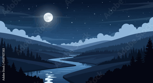 Pixel art landscape of a winding river in a forested valley under a starry night sky with a full moon