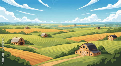 Rolling hills of farmland with barns and fields of crops under a partly cloudy blue sky depicted in a vector art style