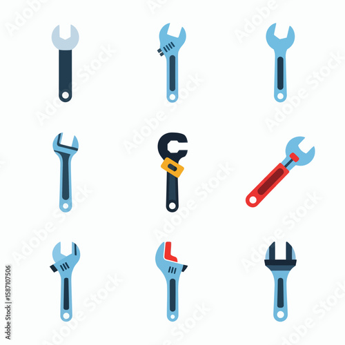 Set of nine flat vector icons of various wrenches including adjustable wrenches and spanners arranged in a grid