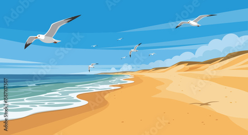 Seagulls flying over a sandy beach with gentle waves and dunes under a blue sky