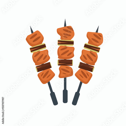 Three illustrated skewers of grilled meat kebabs fanned out against a white background