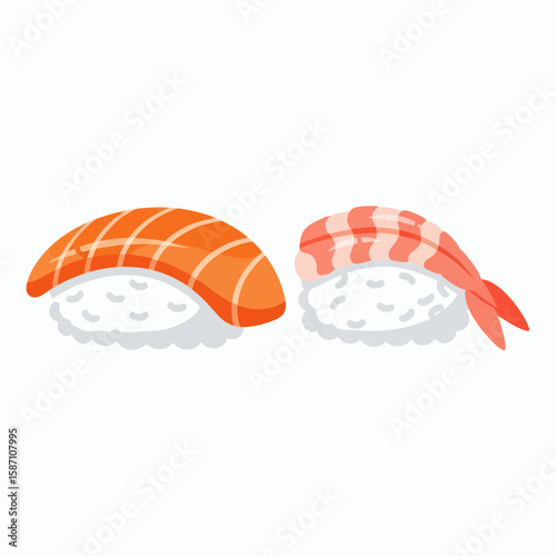 Two pieces of Japanese nigiri sushi one with salmon and one with shrimp