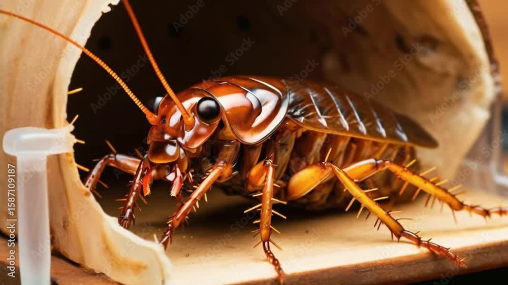 A cockroach trapped in a sticky trap, struggling to free itself..