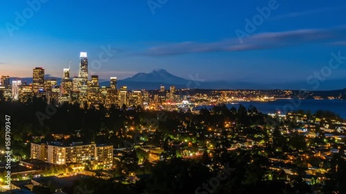 Night view of a city skyline with buildings and a mountain in the distance, lit by many lights. Dense forest in foreground