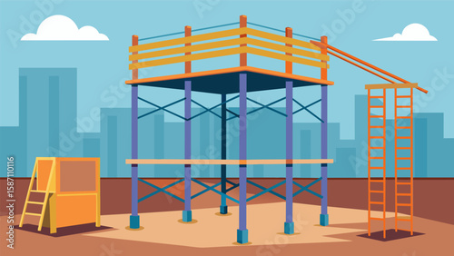 Building a temporary shoring system to support a nearby structure during construction activities.. Vector illustration