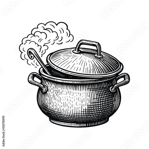 Steaming Cooking Pot with Ladle - Kitchen Utensil Engraving, drawn in an engraved, woodcut style with fine details sketch engraving vector illustration. 