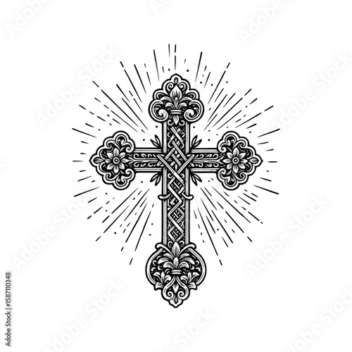 Ornate Christian Cross with Sunburst - Engraving Style, drawn in an engraved, woodcut style with fine details sketch engraving vector illustration. 