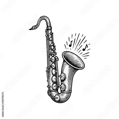 Saxophone with Musical Notes - Jazz Music Engraving, drawn in an engraved, woodcut style with fine details sketch engraving vector illustration. 