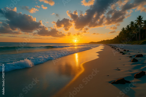 Serene Sunset over a Tropical Beach with Palm Trees and Calm Waves