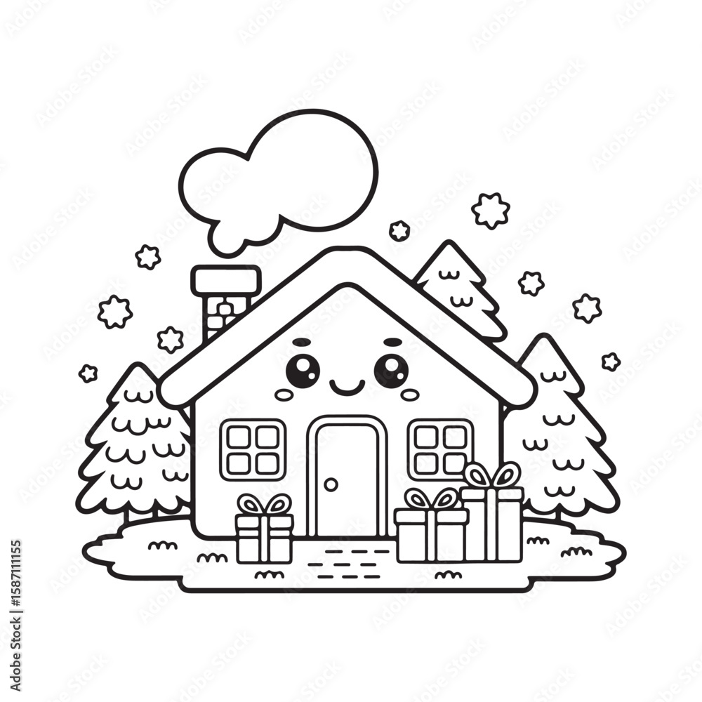 Fototapeta premium Winter Kids Coloring Page Vector – Children Playing in Snow, Snowman, and Sledding Line Art, winter kids coloring page, snow play children illustration, vector line art winter scene, victor art 