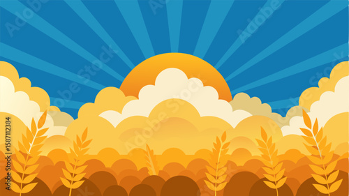 The sun peeking through a large gathering of clouds casting rays of light onto a wheat field and giving it a heavenly glow.