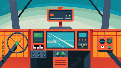 Inside the cabin a series of screens and gauges provide crucial information on the cranes stability weight capacity and position.. Vector illustration