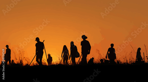 Silhouette of Adolescents Volunteering at Sunset – Youth Community Service Illustration


