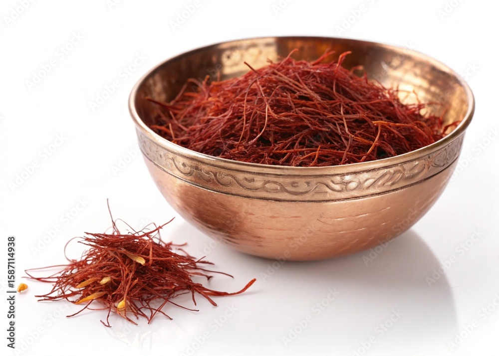 Naklejka premium Vibrant Red Saffron Threads in Copper Bowl