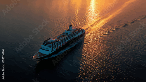 Aerial View of Large Passenger Cruise Ship at Sea 
