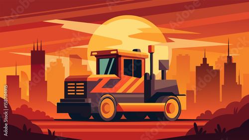 The fiery colors of the sunset reflect off of the polished surfaces of heavy machinery giving them a warm and almost magical quality.. Vector illustration